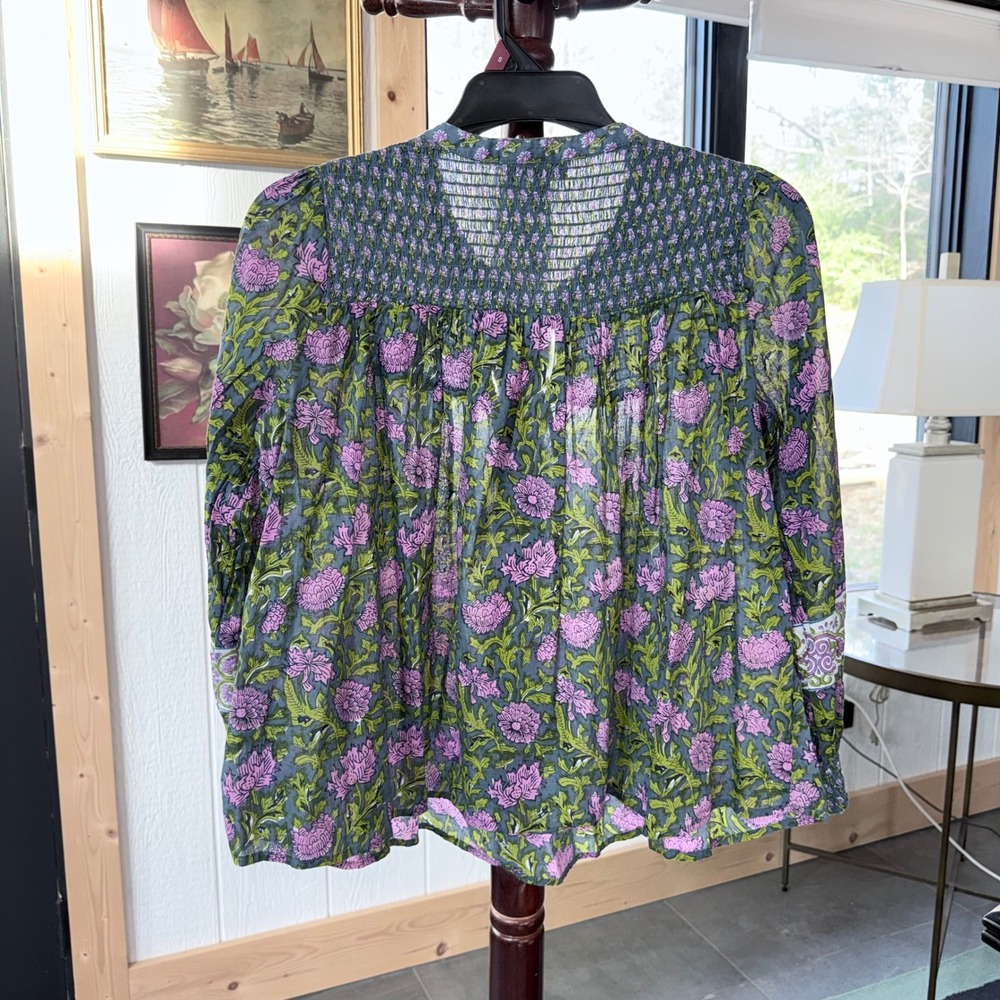 Rachel Zoe Floral 100% Cotton Smocked Blouse Blue Purple Boho Tassel Top Size M - Picture 7 of 9